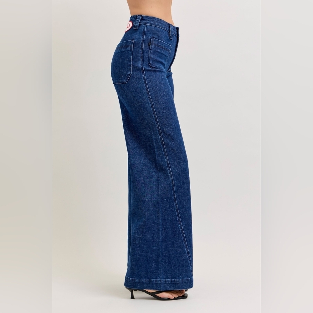 Judy Blue HR Dark Wash Retro Wide Leg Jeans Patch Pocket Wrap Seam Various NEW - Picture 5 of 10